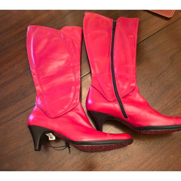 Hugo Boss NOS 1990s Red Leather Knee-High Boots Paula DM 37 Made in Italy - Picture 2 of 14